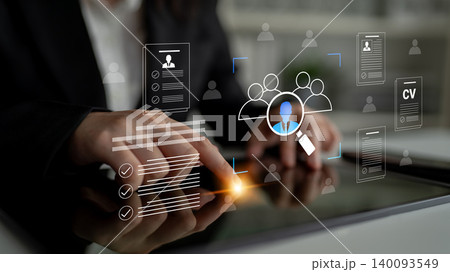 Digital Recruitment Process with Hands Using Tablet, Analyzing Resumes and Candidates, Graphic Overlays on Screen Cyphers. Digital Recruitment Process with Hands Using Tablet, Analyzing Resumes and Candidates, Graphic Overlays on Screen Cyphers. 140093549
