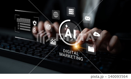 Hands Typing on Keyboard with AI Digital Marketing Icons, Graphs, and Global Network Elements in a Modern Office Setting Cyphers. 140093564