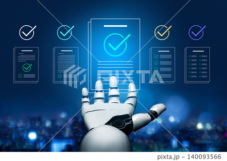 Futuristic Hand of Robot Interacting with Digital Data Sheets and Confirmation Symbols in a High-Tech Cityscape Background Cyphers. Futuristic Hand of Robot Interacting with Digital Data Sheets and Confirmation Symbols in a High-Tech Cityscape Background Cyphers. 140093566