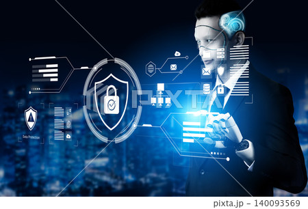 Futuristic businessman interacting with virtual security interface showcasing data protection concepts and advanced technology in a digital landscape Cyphers. 140093569