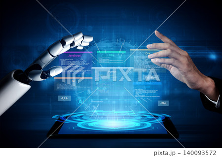 Futuristic Interaction Between Human Hand and Robotic Hand with Programming Codes on Virtual Display for Technology and Innovation Concepts Cyphers. Futuristic Interaction Between Human Hand and Robotic Hand with Programming Codes on Virtual Display for Technology and Innovation Concepts Cyphers. 140093572