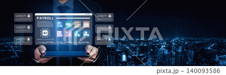 Professional Man Holding Laptop Displaying Digital Payroll Management System Interface Amidst Cityscape Background at Night Cyphers. Professional Man Holding Laptop Displaying Digital Payroll Management System Interface Amidst Cityscape Background at Night Cyphers. 140093586