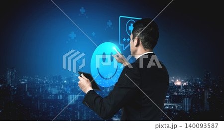 Businessman Interacting with Digital Interface to Create Happy Face Icon Representing Positive Feedback and User Engagement in Urban Night Scene Cyphers. Businessman Interacting with Digital Interface to Create Happy Face Icon Representing Positive Feedback and User Engagement in Urban Night Scene Cyphers. 140093587