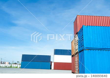 Container export logistic port Blue sky background space road import business freight logistic transport custom industry service airplane container ship truck cargo stack, industrial transportation. Container export logistic port Blue sky background space road import business freight logistic transport custom industry service airplane container ship truck cargo stack, industrial transportation. 140093640