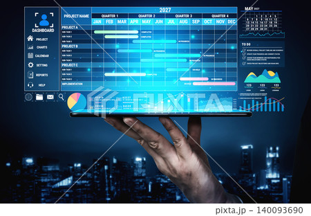 Digital Project Management Dashboard Displaying Progress and Milestones for 2027 with Data Visualization Charts and Performance Metrics in a Modern Cityscape Fluxor 140093690