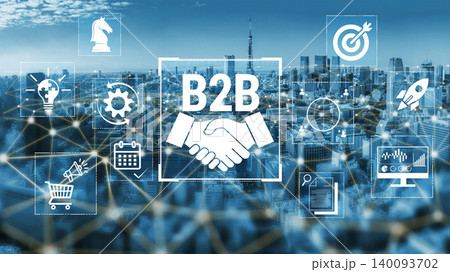 Modern Business to Business Concept with Digital Elements Representing Collaboration, Strategy, and Technology Over a City Skyline Background Fluxor 140093702