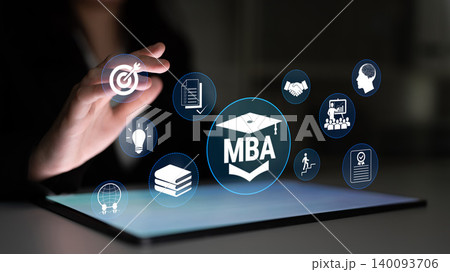 MBA Education Concept with Digital Icons Representing Learning, Growth, and Career Advancement in Business Management on a Touchscreen Tablet Fluxor 140093706