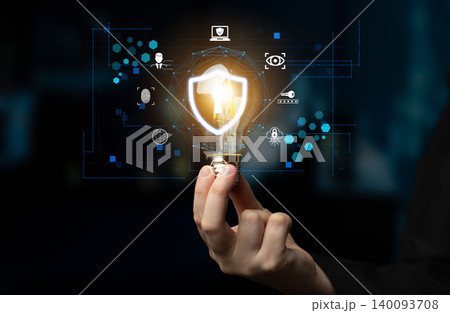 Person Holding Light Bulb with Security Shield Icon Representing Innovative Ideas and Technology in Digital Protection and Cybersecurity Concept Fluxor 140093708