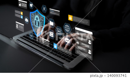Digital Security Interface with Lock Symbols and User Interaction on Laptop Keyboard for Cyber Protection Concept in Modern Technology Environment Ledger Digital Security Interface with Lock Symbols and User Interaction on Laptop Keyboard for Cyber Protection Concept in Modern Technology Environment Ledger 140093741