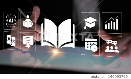 Digital Learning Concept with Open Book and Education Icons Representing Knowledge, Growth, and Future Potential in Modern Society Ledger Digital Learning Concept with Open Book and Education Icons Representing Knowledge, Growth, and Future Potential in Modern Society Ledger 140093766
