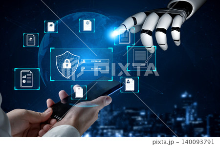 Robot Hand Interacting with Digital Security Interface Representing Password and Username Protection in Cyber Technology World Quark Robot Hand Interacting with Digital Security Interface Representing Password and Username Protection in Cyber Technology World Quark 140093791