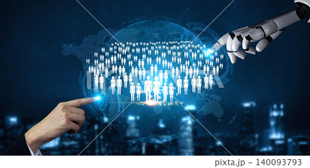 Human and Robot Interaction Concept with Digital Network and Global Population Representation in Futuristic City Background Quark Human and Robot Interaction Concept with Digital Network and Global Population Representation in Futuristic City Background Quark 140093793