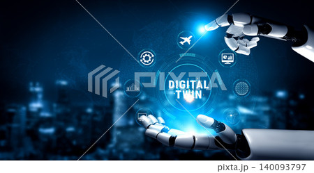 Futuristic Robotic Hand Reaching Towards Digital Twin Concept on a Blue Background with Technology Icons and Urban Cityscape in the Distance Quark Futuristic Robotic Hand Reaching Towards Digital Twin Concept on a Blue Background with Technology Icons and Urban Cityscape in the Distance Quark 140093797