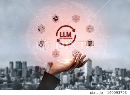 Hand Holding Labeled Icons Representing Large Language Model Concepts in a Modern Cityscape Background with Network Connection Elements Quark Hand Holding Labeled Icons Representing Large Language Model Concepts in a Modern Cityscape Background with Network Connection Elements Quark 140093798