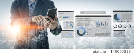 Business Professional Analyzing Data on Tablet While Surrounded by Digital Graphics, Charts, and Business Reports in Modern Urban Environment Ledger Business Professional Analyzing Data on Tablet While Surrounded by Digital Graphics, Charts, and Business Reports in Modern Urban Environment Ledger 140093818