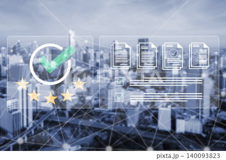 Modern Business Verification and Document Management in a City Skyline Background with Digital Technology Elements Featuring Checkmarks and Stars Ledger Modern Business Verification and Document Management in a City Skyline Background with Digital Technology Elements Featuring Checkmarks and Stars Ledger 140093823