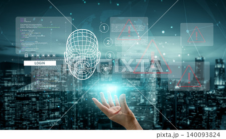 Futuristic Interface with Human Hand and Digital Security Alerts over Cityscape Background Representing Technology and Innovation in Cybersecurity Ledger 140093824