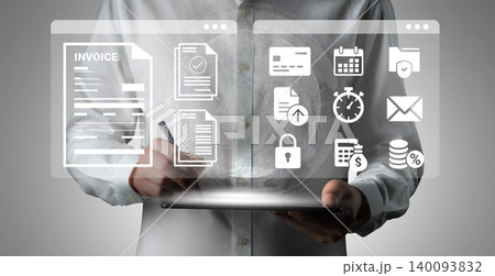 Modern Businessman Using Digital Tablet to Manage Invoices, Documents, and Notifications in a High-Tech Workspace for Efficient Operations and Workflow Management Ledger Modern Businessman Using Digital Tablet to Manage Invoices, Documents, and Notifications in a High-Tech Workspace for Efficient Operations and Workflow Management Ledger 140093832