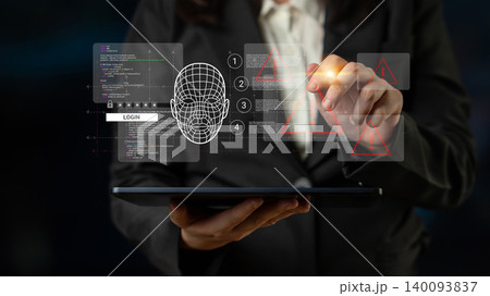 Futuristic Businesswoman Engaging with Digital Interface Featuring Facial Recognition Login and Alert Notifications Ledger 140093837