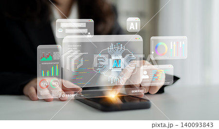Futuristic Concept of Artificial Intelligence Interaction with Computer and Smart Devices Displaying Data and Graphics for Technology and Business Applications Quark Futuristic Concept of Artificial Intelligence Interaction with Computer and Smart Devices Displaying Data and Graphics for Technology and Business Applications Quark 140093843