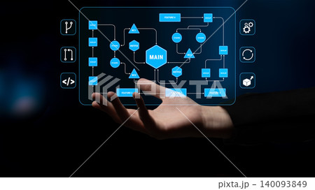 Hand Holding Transparent Digital Flowchart with Main Features and Connections in a Glowing Blue Display for Technology Concept Quark Hand Holding Transparent Digital Flowchart with Main Features and Connections in a Glowing Blue Display for Technology Concept Quark 140093849