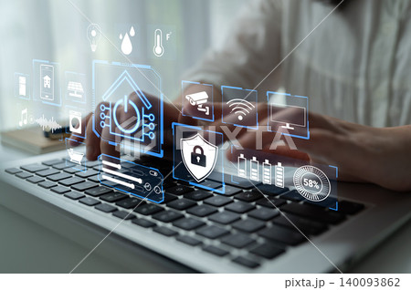 Innovative Technology Interface with Digital Icons for Smart Home Security and Data Management on Laptop with User Interaction in Modern Environment Quark Innovative Technology Interface with Digital Icons for Smart Home Security and Data Management on Laptop with User Interaction in Modern Environment Quark 140093862
