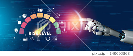 Futuristic Robot Hand Pointing at Digital Risk Level Meter with Colorful Indicators and Data Icons in a High-Tech Environment Quark Futuristic Robot Hand Pointing at Digital Risk Level Meter with Colorful Indicators and Data Icons in a High-Tech Environment Quark 140093868
