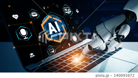 Robotic Hand Interacting with Laptop, Illustrating the Concept of Artificial Intelligence Assistant in a Modern Digital Workspace Quark 140093872