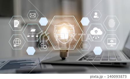 AI Cybersecurity Shield with Data Protection Icons and Circuit Lines. Corpus AI Cybersecurity Shield with Data Protection Icons and Circuit Lines. Corpus 140093873