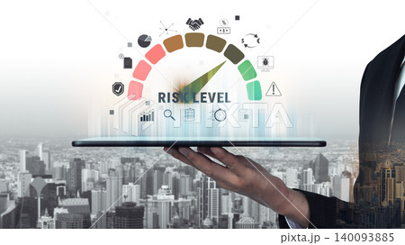 Business Risk Assessment in Digital Display with Analytics and Cityscape in Background for Corporate Strategy and Decision Making Quark 140093885