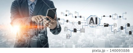 Business Professional Using Tablet to Illustrate Artificial Intelligence Integration into Modern Urban Landscape with Digital Connections and Data Flow Quark Business Professional Using Tablet to Illustrate Artificial Intelligence Integration into Modern Urban Landscape with Digital Connections and Data Flow Quark 140093886