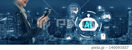 Modern Businesswoman Interacting with Smartphone While Featuring AI Technology Icons in a Dynamic Urban Environment Quark Modern Businesswoman Interacting with Smartphone While Featuring AI Technology Icons in a Dynamic Urban Environment Quark 140093887
