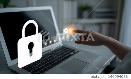 Digital security concept showcasing a laptop authentication process with a lock symbol, highlighting password entry and protection measures in technology Gantry 140094088