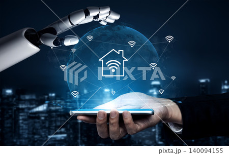 Futuristic Concept of Smart Home Technology with Robotic Hand and Digital Globe Displaying Wi-Fi Signals and Connectivity Gantry Futuristic Concept of Smart Home Technology with Robotic Hand and Digital Globe Displaying Wi-Fi Signals and Connectivity Gantry 140094155
