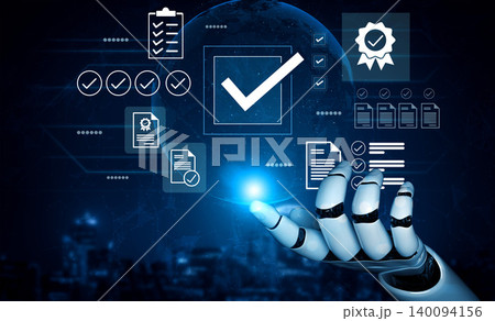 Futuristic Robotic Hand Integrating Data Analysis with Digital Checkmarks and Technology Graphics in a High-Tech Environment Gantry Futuristic Robotic Hand Integrating Data Analysis with Digital Checkmarks and Technology Graphics in a High-Tech Environment Gantry 140094156