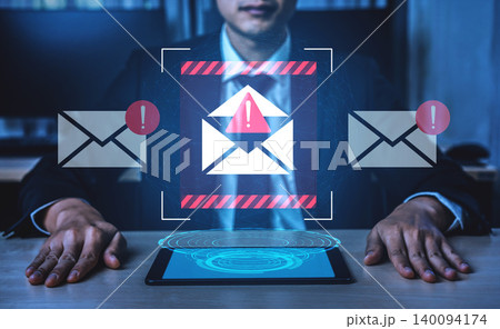 Businessman Analyzing Email Security Threats with Warning Signs and Floating Digital Interface Over Modern Workspace in Risk Management Concept Gantry Businessman Analyzing Email Security Threats with Warning Signs and Floating Digital Interface Over Modern Workspace in Risk Management Concept Gantry 140094174