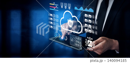 Businessman Using Tablet with Cloud Technology Graphics and Security Icons for Digital Transformation Concept Gantry Businessman Using Tablet with Cloud Technology Graphics and Security Icons for Digital Transformation Concept Gantry 140094185