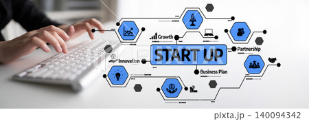 Hands Typing on Keyboard with Startup Concept and Icons Representing Growth, Innovation, and Business Plan in a Modern Workspace Visual. Tessel Hands Typing on Keyboard with Startup Concept and Icons Representing Growth, Innovation, and Business Plan in a Modern Workspace Visual. Tessel 140094342