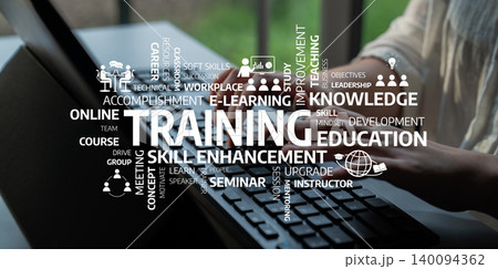 Hands Typing on Keyboard with Training and Education Concepts for Online Learning and Skill Development in a Modern Workspace Environment. Tessel 140094362