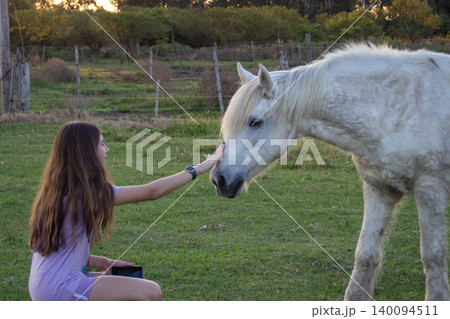 Teenager girl petting a white horse in a green field, capturing a moment of animal friendship and connection in a sunny countryside setting during summer Teenager girl petting a white horse in a green field, capturing a moment of animal friendship and connection in a sunny countryside setting during summer 140094511