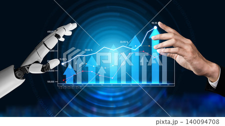 Futuristic Hands of Robot and Human Interacting with Digital Financial Graph on Screen for Business Growth and Innovation Concept Scalp 140094708
