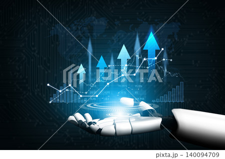 Futuristic robotic hand presenting upward growth graphs with blue arrows on a dark digital background representing technology and analytics concepts in finance Scalp 140094709