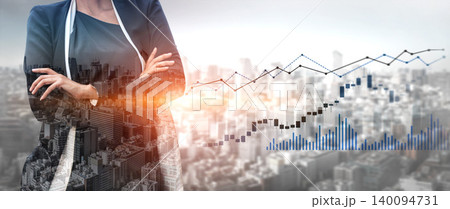 Businesswoman Overlooking Cityscape with Financial Graphs and Data Visualization in Urban Environment for Professional Growth and Market Analysis Scalp 140094731