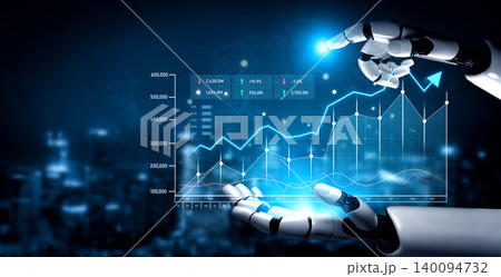 Robotic Hand Analyzing Financial Data with Graphs and Charts for Stock Market Analysis and Business Intelligence Insights in Digital Environment Scalp 140094732
