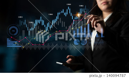 Business Woman Analyzing Stock Market Trends with Digital Graphs and Charts Representing Financial Growth and Investments for Corporate Success Scalp Business Woman Analyzing Stock Market Trends with Digital Graphs and Charts Representing Financial Growth and Investments for Corporate Success Scalp 140094787