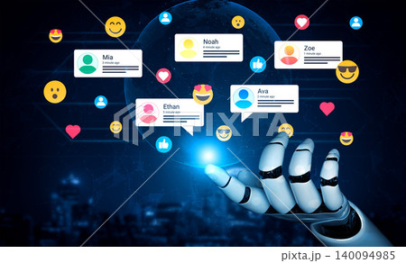 Futuristic Robot Hand Interacting with Digital Emoticons and User Interface Elements Representing Social Media Connections and Engagement Ledger Futuristic Robot Hand Interacting with Digital Emoticons and User Interface Elements Representing Social Media Connections and Engagement Ledger 140094985