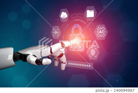 Futuristic Robotic Hand Interacting with Cybersecurity Interface Featuring Lock Symbol, Data Protection Icons, and Advanced Technology Elements Ledger 140094987