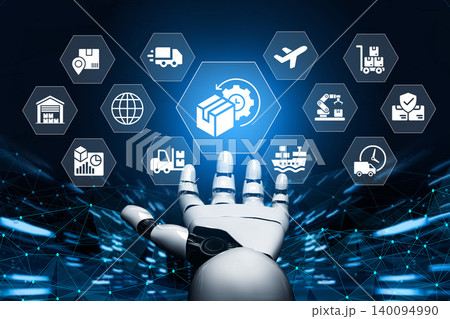 Futuristic Robotic Hand Interacting with Digital Supply Chain Icons Representing Logistics, Delivery, Transport, and Automation in Modern Industry Ledger Futuristic Robotic Hand Interacting with Digital Supply Chain Icons Representing Logistics, Delivery, Transport, and Automation in Modern Industry Ledger 140094990