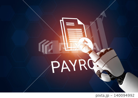 Futuristic Robot Hand Interacting with Payroll Document and Financial Growth Graph on a Dark Blue Background with Hexagonal Patterns Ledger Futuristic Robot Hand Interacting with Payroll Document and Financial Growth Graph on a Dark Blue Background with Hexagonal Patterns Ledger 140094992