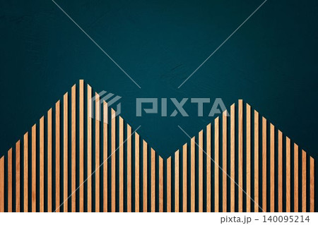 Modern Wall Featuring Vertical Wooden Slats Arranged in Peak Pattern against Deep Teal Concrete Background. Modern Wall Featuring Vertical Wooden Slats Arranged in Peak Pattern against Deep Teal Concrete Background. 140095214